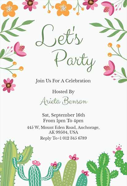 Fresh Floral Cactus Garden Party Invitation With Sage Green Typography, Colorful Flowers, And Playful Design