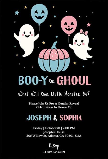 Ghosts and Pumpkin Halloween Gender Reveal Invitation Featuring Playful Spooky Accents