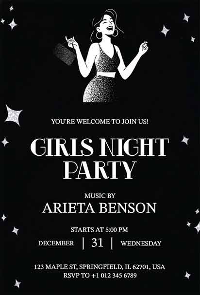 Glam After Dark Girls Night Party Invitation With Dark Elegant Background, Sparkling Accents, And Chic Design