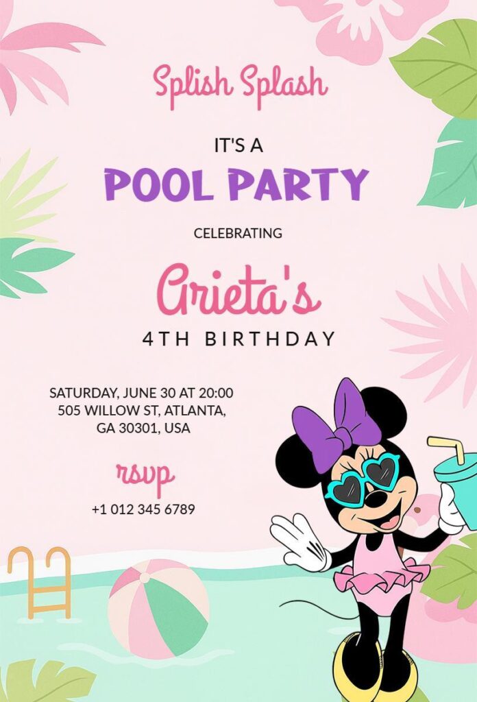 Cute Minnie Mouse-themed pool birthday party invite for kids.
