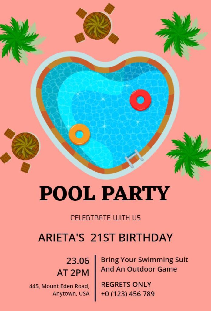 Modern heart-shaped pool birthday party invitation with tropical elements.