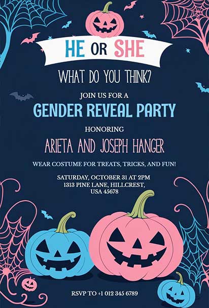 Pink and Blue Pumpkin Gender Reveal Invitation With Festive Autumn Theme