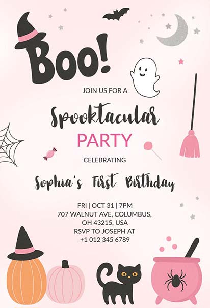 Adorable Pink Halloween First Birthday Invitation with Cute Ghosts and Festive Elements