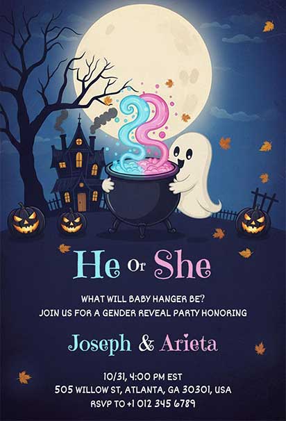 Spooky Ghost Cauldron Halloween Gender Reveal Invitation Featuring Magical Festive Elements