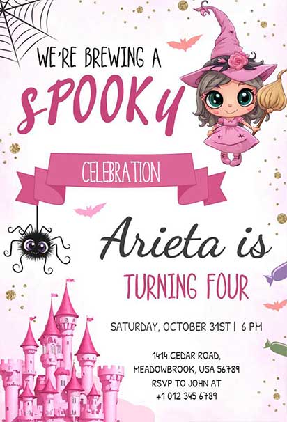 Spooky Pink Witch Birthday Celebration Invitation Featuring Playful Halloween Elements