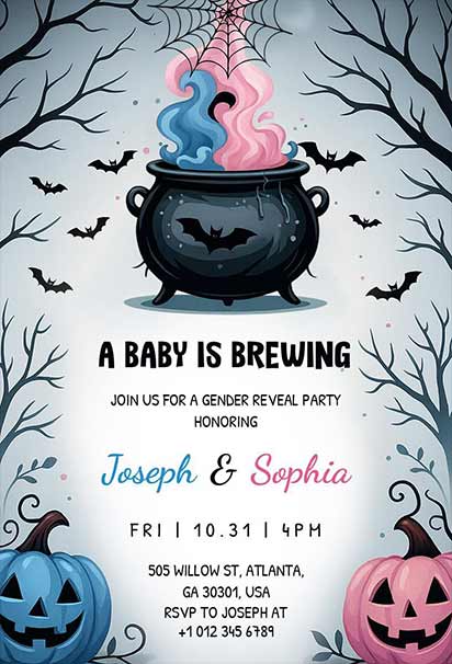 Witch Cauldron Pumpkin Halloween Gender Reveal Invitation Featuring Enchanting Seasonal Details
