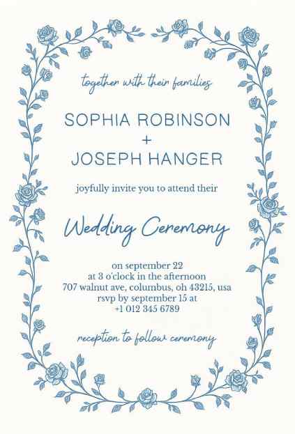 Vintage wedding invitation framed with colorful botanical illustrations and neutral tones