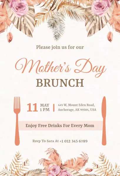 mother’s day invitation template in boho rose gold brunch style