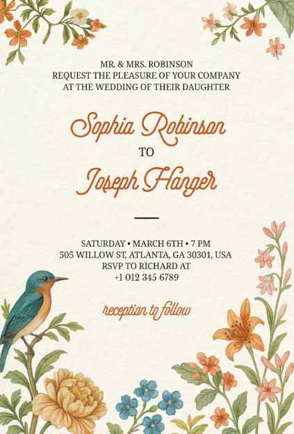 Vintage wedding invitation decorated with colorful florals and a charming bird illustration