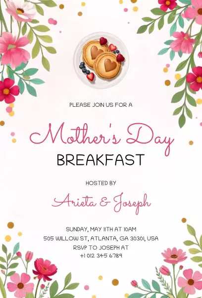 mother’s day invitation template with cheerful breakfast illustration theme