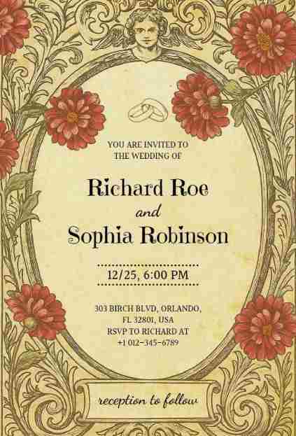 Vintage gothic wedding invitation featuring red floral accents, ornate borders, and antique texture