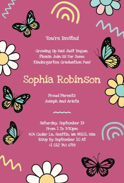 Butterflies and daisies on cheerful kindergarten graduation invitation template