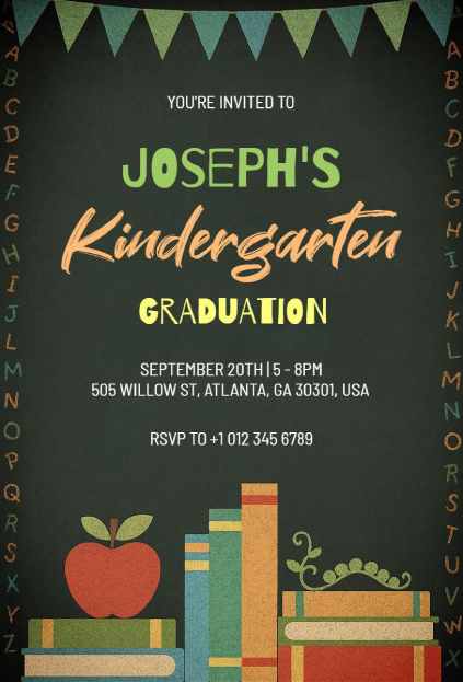 Chalkboard background with elegant script on refined kindergarten graduation invitation template.