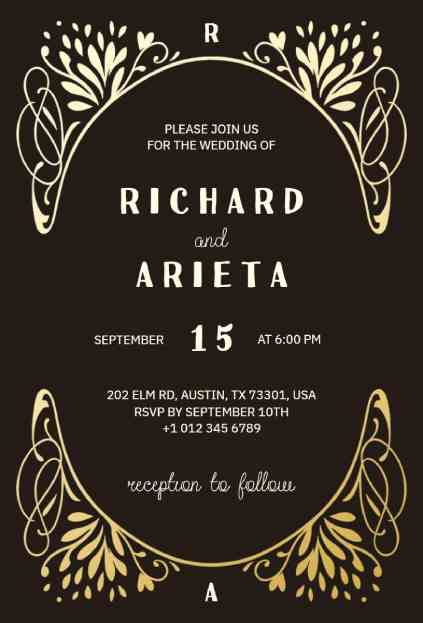 Vintage wedding invitation with a black background and ornate gold frame