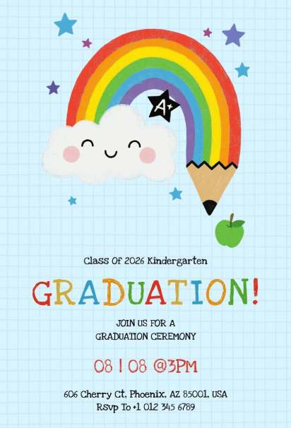 Clouds, stars, and rainbow pencil on kid-friendly kindergarten graduation invitation template