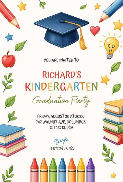 Hand-drawn school supplies with watercolor style on warm kindergarten graduation invitation template