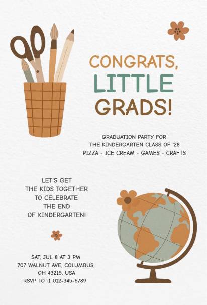 Brown and sage tones with craft tools on creative kindergarten graduation invitation template