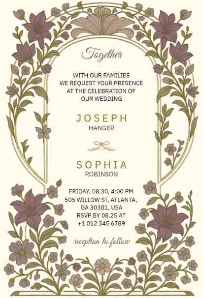 Botanical-themed vintage wedding invitation with hand-drawn greenery and earthy tones