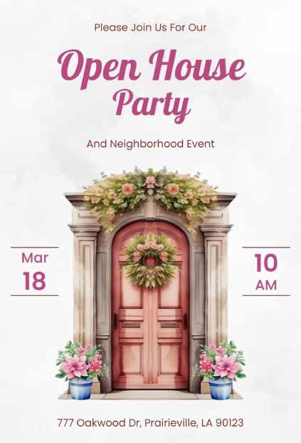 floral doorway design creating an elegant Open House invitation template
