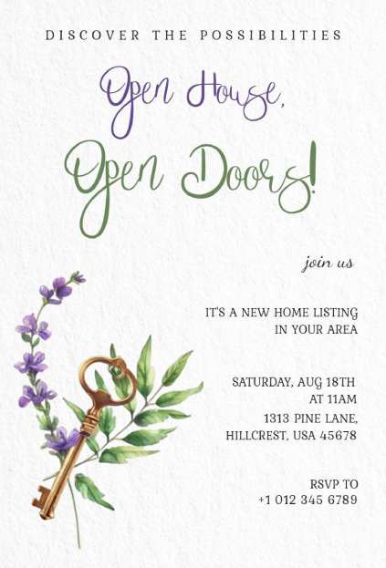 Floral key Open House invitation template decorated with watercolor leaves and a vintage key