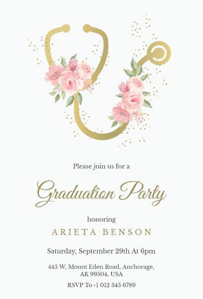 Pink rose nursing floral graduation invitation template with gold stethoscope details