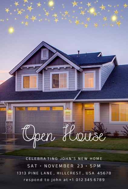 Golden star real estate Open House invitation template showcasing a modern home at dusk