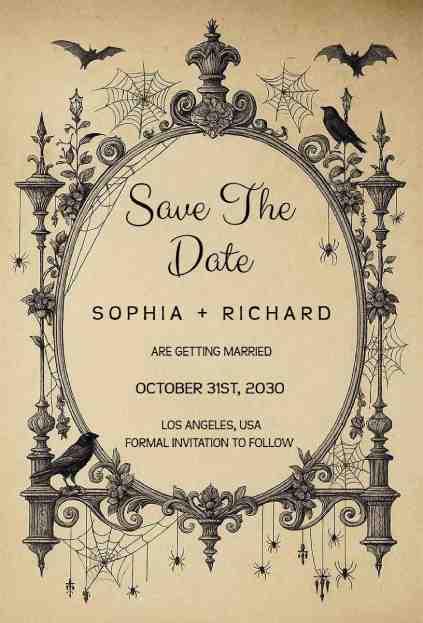 Vintage gothic wedding invitation featuring red floral accents, ornate borders, and antique texture