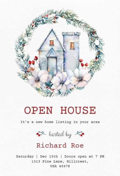 House and pine wreath Open House invitation template with a soft watercolor floral frame