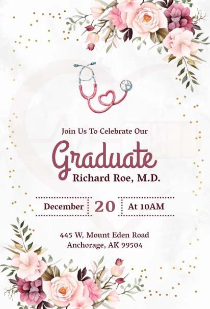Medical floral graduation invitation template with a stethoscope and elegant roses