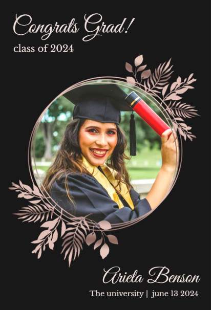 Modern black and rose-gold photo floral graduation invitation template with sleek accents