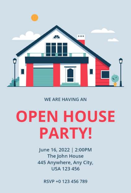 modern red-and-white home showcased in a bold Open House invitation template