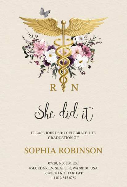 Nursing floral graduation invitation template featuring a gold caduceus and soft florals