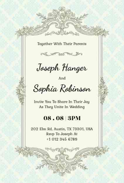 Vintage wedding invitation featuring brown line-art florals and modern serif text