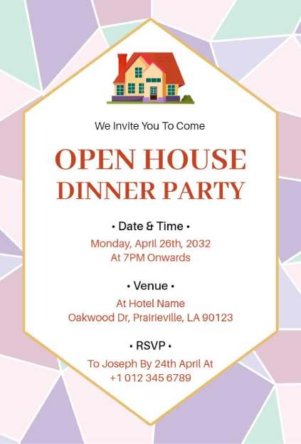 pastel mosaic background framing a refined Open House dinner invitation template