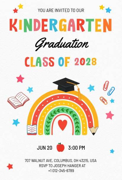 Bold colors and school graphics on lively kindergarten graduation invitation template