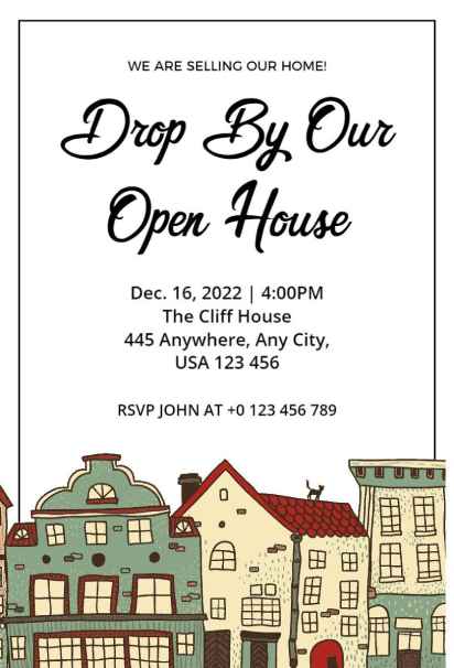 Vintage illustrated Open House invitation template for real estate events