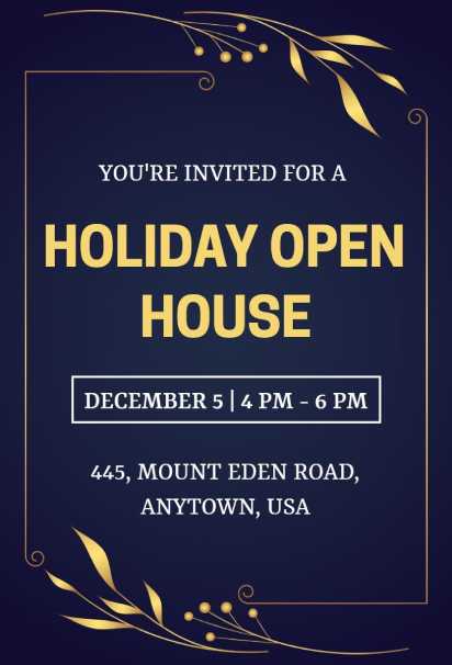 Royal blue Open House invitation template with gold accents