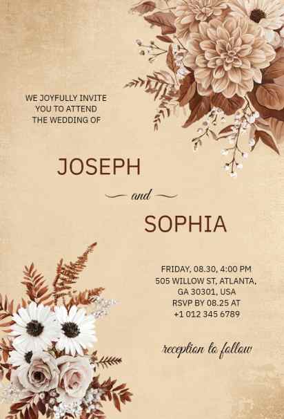 Rustic floral wedding invitation with beige tones and classic vintage detailing