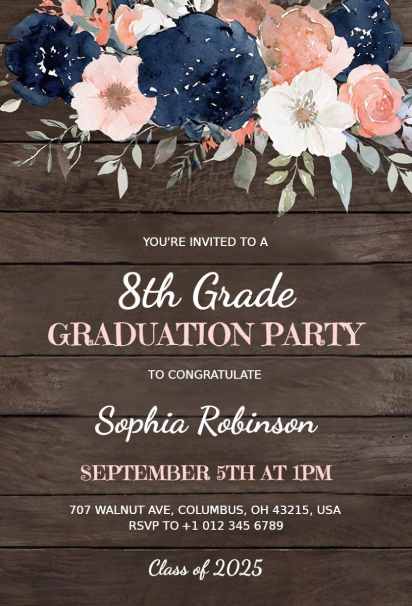 Rustic wood and navy floral graduation invitation template with bold youthful accents