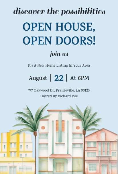 Pastel building-themed Open House invitation template with a soft layout