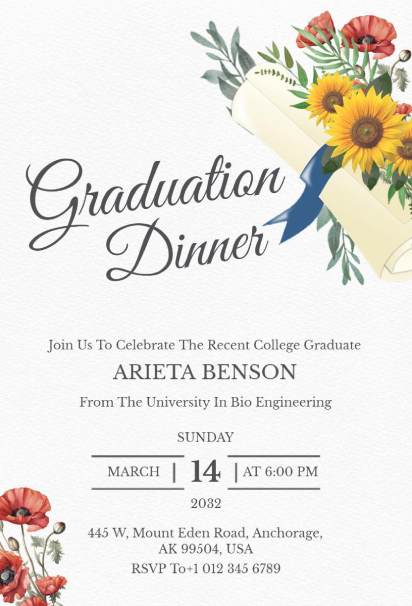 Sunflower and poppy floral graduation invitation template with bright festive blooms