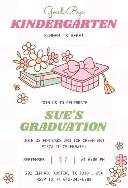Soft florals and graduation cap on warm kindergarten graduation invitation template