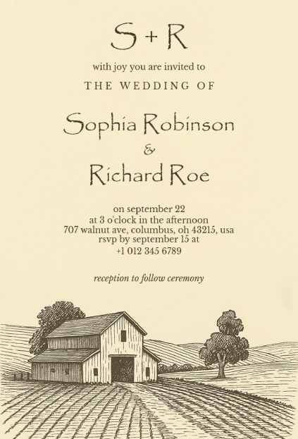 Vintage wedding invitation with a rustic barn sketch and simple typography
