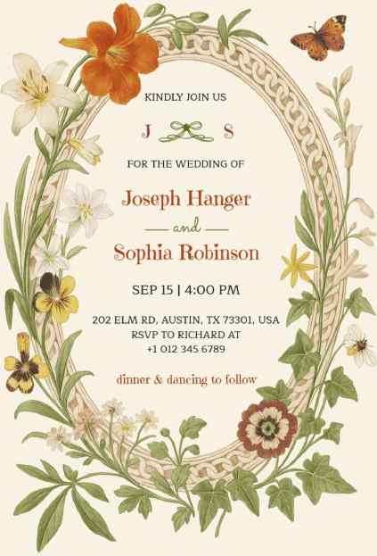 Vintage wedding invitation with warm botanical artwork and a clean layout