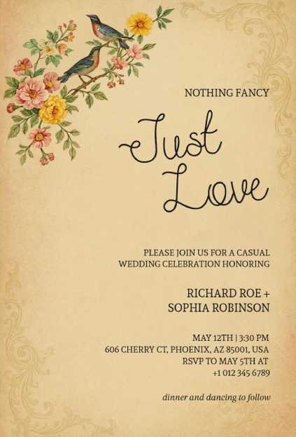 Vintage wedding invitation featuring birds and colorful florals on aged paper