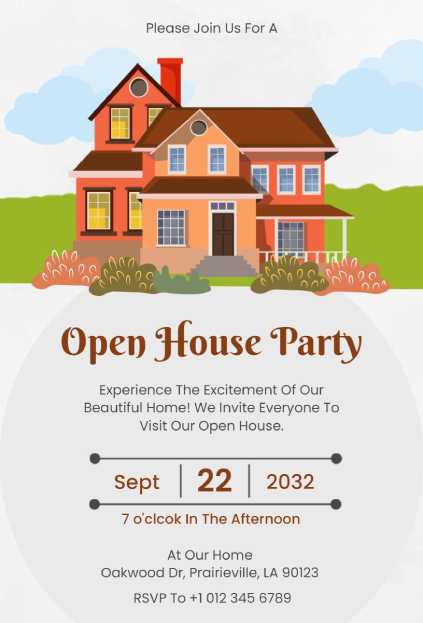 autumn-themed illustrated home in a warm Open House invitation template