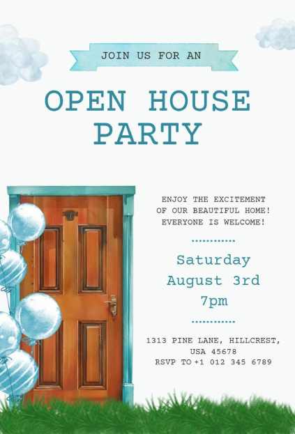 wooden door with watercolor balloons in a soft Open House invitation template