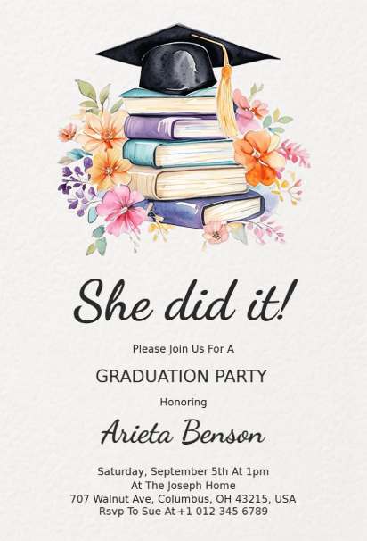 Books and blossoms floral graduation invitation template with cheerful colorful elements