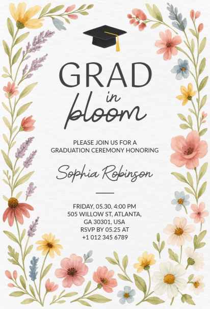 Soft watercolor floral graduation invitation template with hand-painted pastel blooms