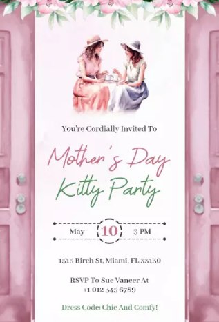 mother’s day invitation template in playful watercolor kitty party style